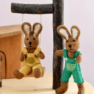 Tara Treasures Felt Brown Hare Rabbit With Green Overalls Toy> Small World Play